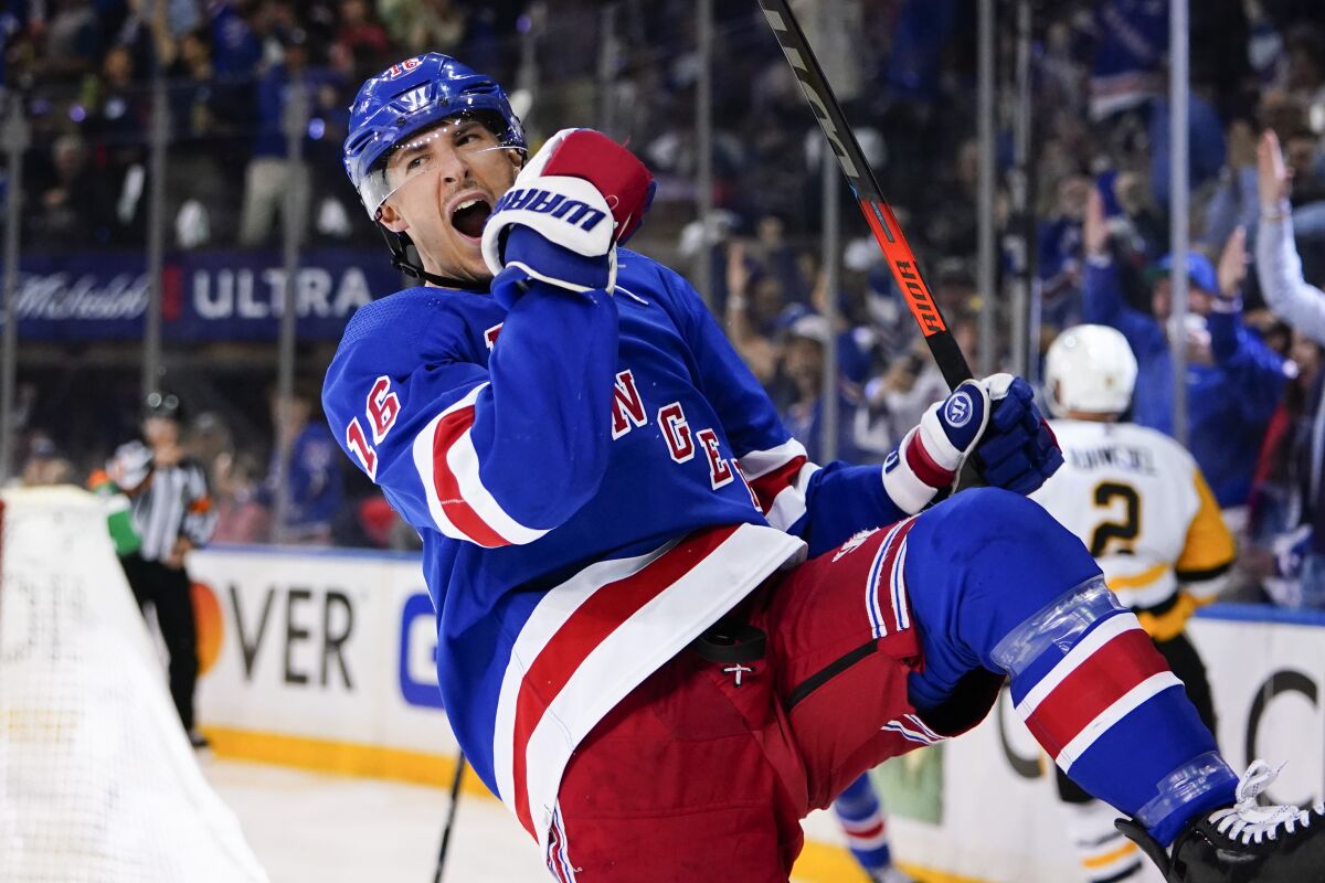 New York Rangers' Ryan Strome (16) celebrates after scoring a goal during the second period of Game 2 of an NHL hockey Stanley Cup first-round playoff series against the Pittsburgh Penguins, Thursday, May 5, 2022, in New York. (AP Photo/Frank Franklin II)