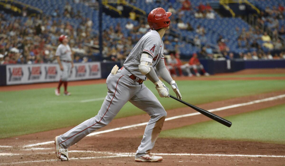 Shohei Ohtani had a double, triple and home run in the Angels 6-4 win over the Tampa Bay Rays. (AP Photo/Steve Nesius)