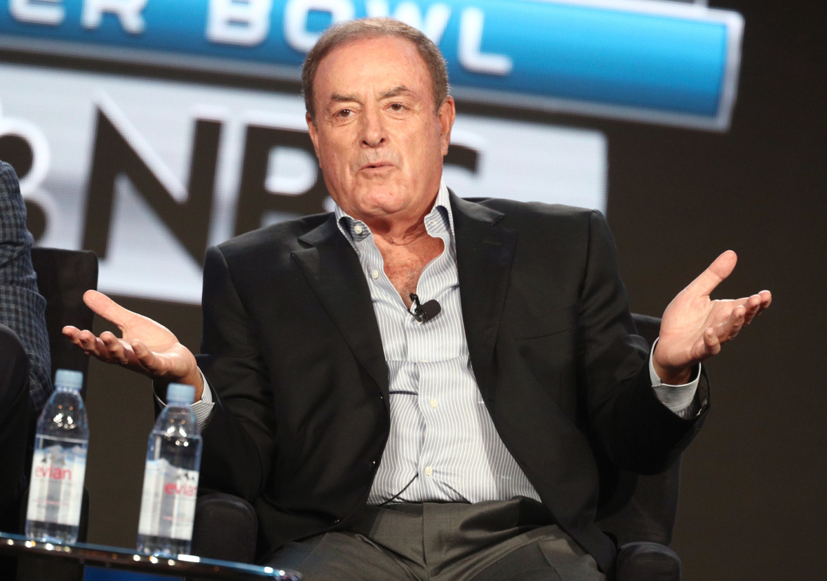 Al Michaels speaks during a news conference in 2018.