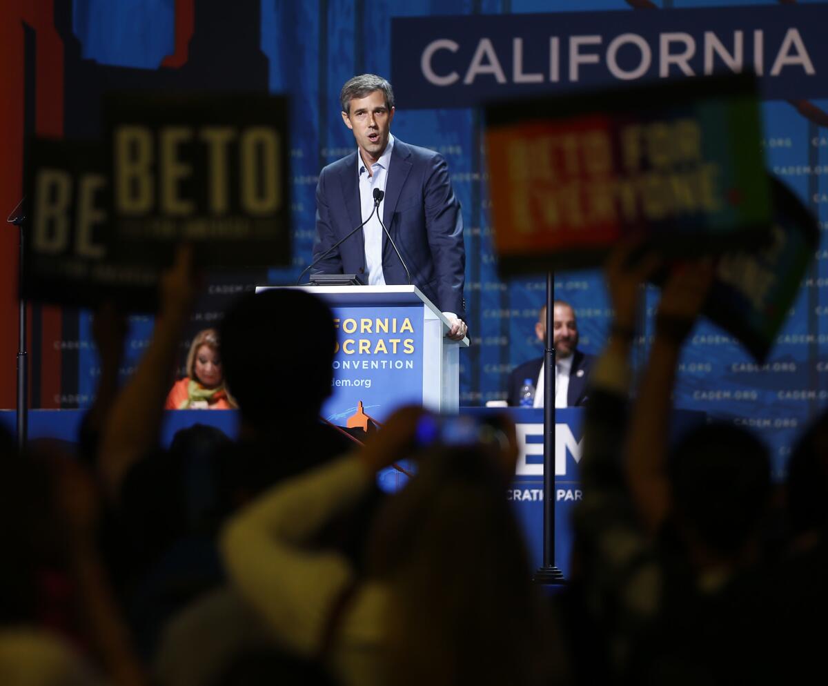 Former Rep. Beto O'Rourke of Texas takes his turn addressing delegates at the California Democratic Party convention on Saturday.