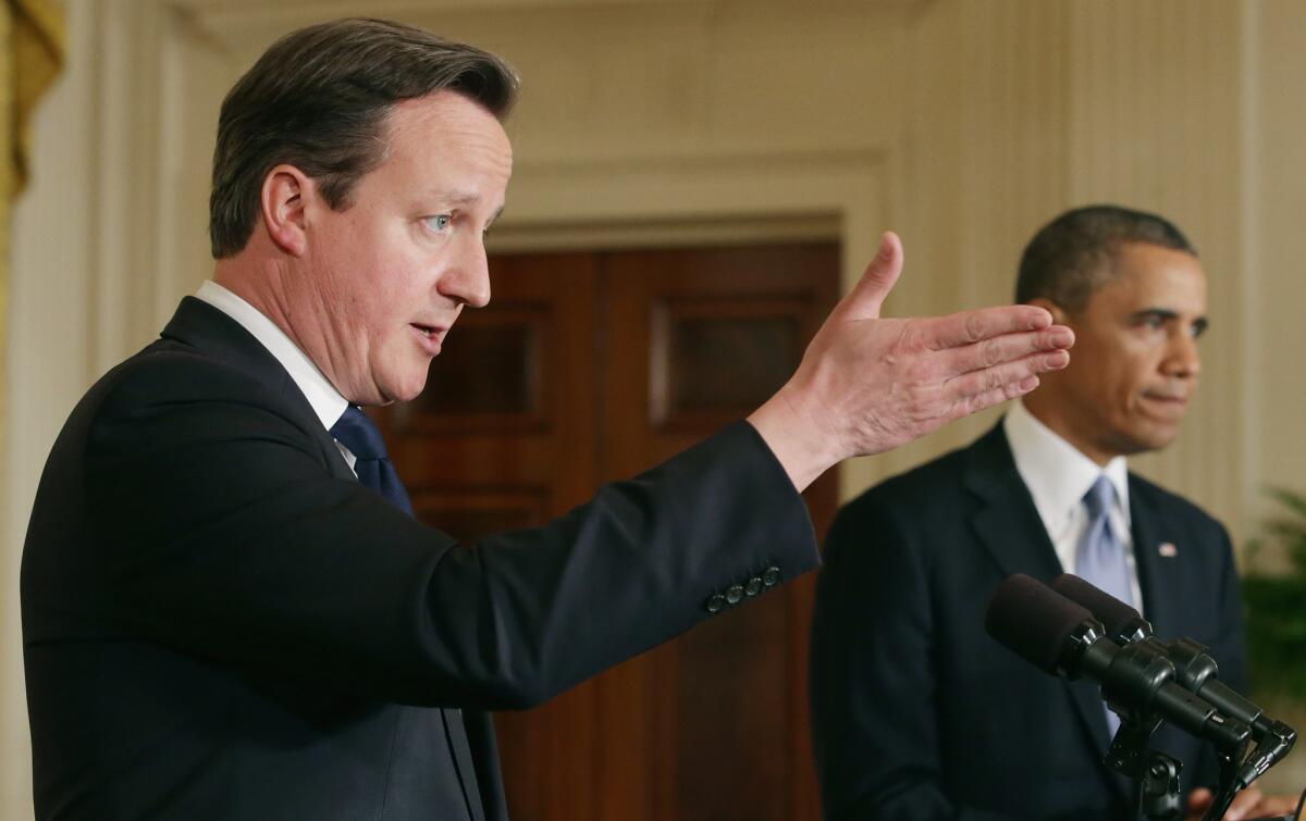 British Prime Minister David Cameron, during a joint news conference with President Obama at the White House, said it was in Britain's interests to "reform the European Union, to make it more open, more competitive, more flexible."