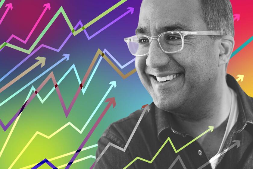 a smiling man against an illustrated background of bright colors and upward-trending arrows