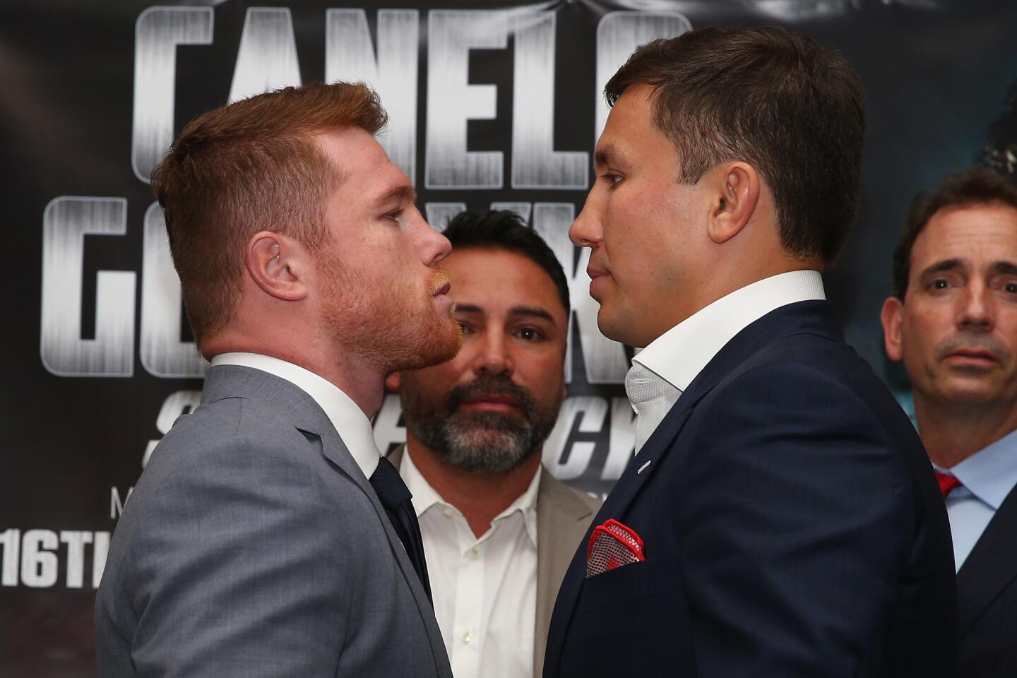 LONDON, ENGLAND - JUNE 19: Canelo Alvarez and Gennady Golovkin go head to head after the Canelo Alvarez vs Gennady Golovkin boxing press conference at the Landmark Hotel on June 19, 2017 in London, England. (Photo by Steve Bardens/Getty Images) ** OUTS - ELSENT, FPG, CM - OUTS * NM, PH, VA if sourced by CT, LA or MoD **