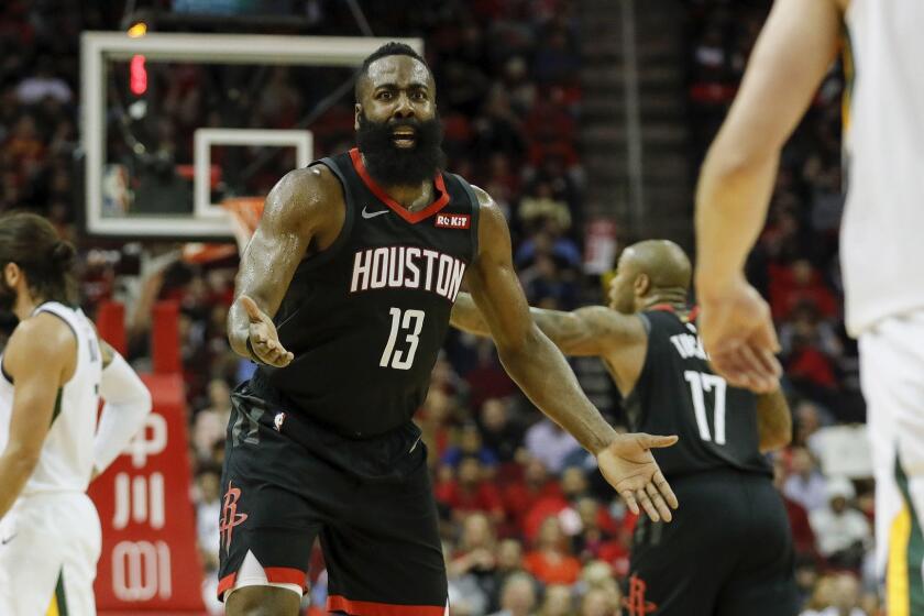 HOUSTON, TX - OCTOBER 24: James Harden #13 of the Houston Rockets reacts to a foul in the second half against the Utah Jazz at Toyota Center on October 24, 2018 in Houston, Texas. NOTE TO USER: User expressly acknowledges and agrees that, by downloading and or using this Photograph, user is consenting to the terms and conditions of the Getty Images License Agreement. (Photo by Tim Warner/Getty Images) ** OUTS - ELSENT, FPG, CM - OUTS * NM, PH, VA if sourced by CT, LA or MoD **