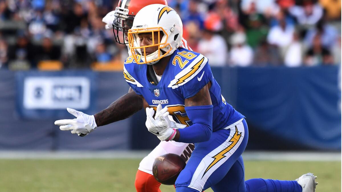 Chargers cornerback Casey Heyward steps in front of Browns receiver Josh Gordon and almost comes up with an interception in the third quarter Sunday.