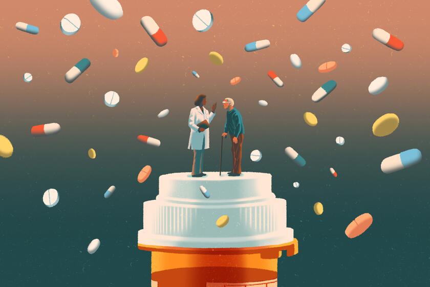 Illustration of an elderly person and a doctor standing on a pill bottle