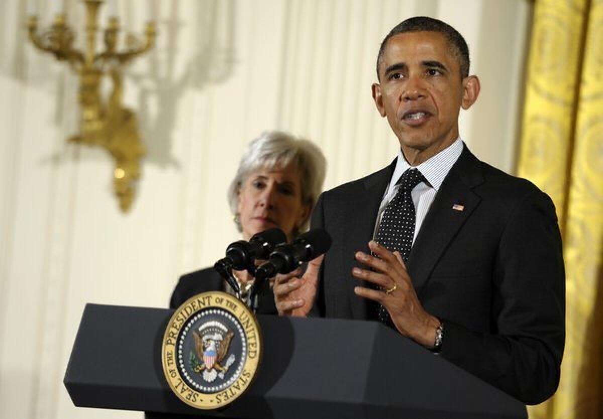 President Obama speaks Monday at the opening of the National Conference on Mental Health as Health and Human Services Secretary Kathleen Sebelius looks on.