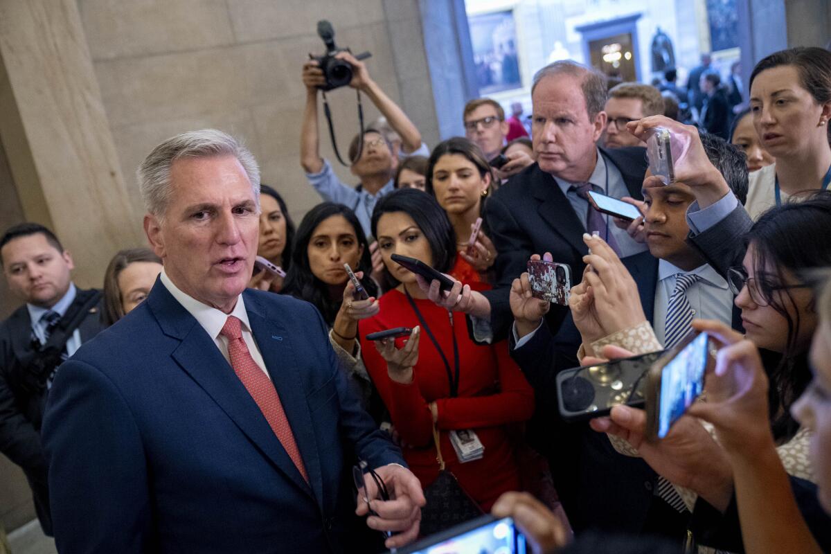 House Speaker Kevin McCarthy speaks to reporters outside his office on Capitol Hill.