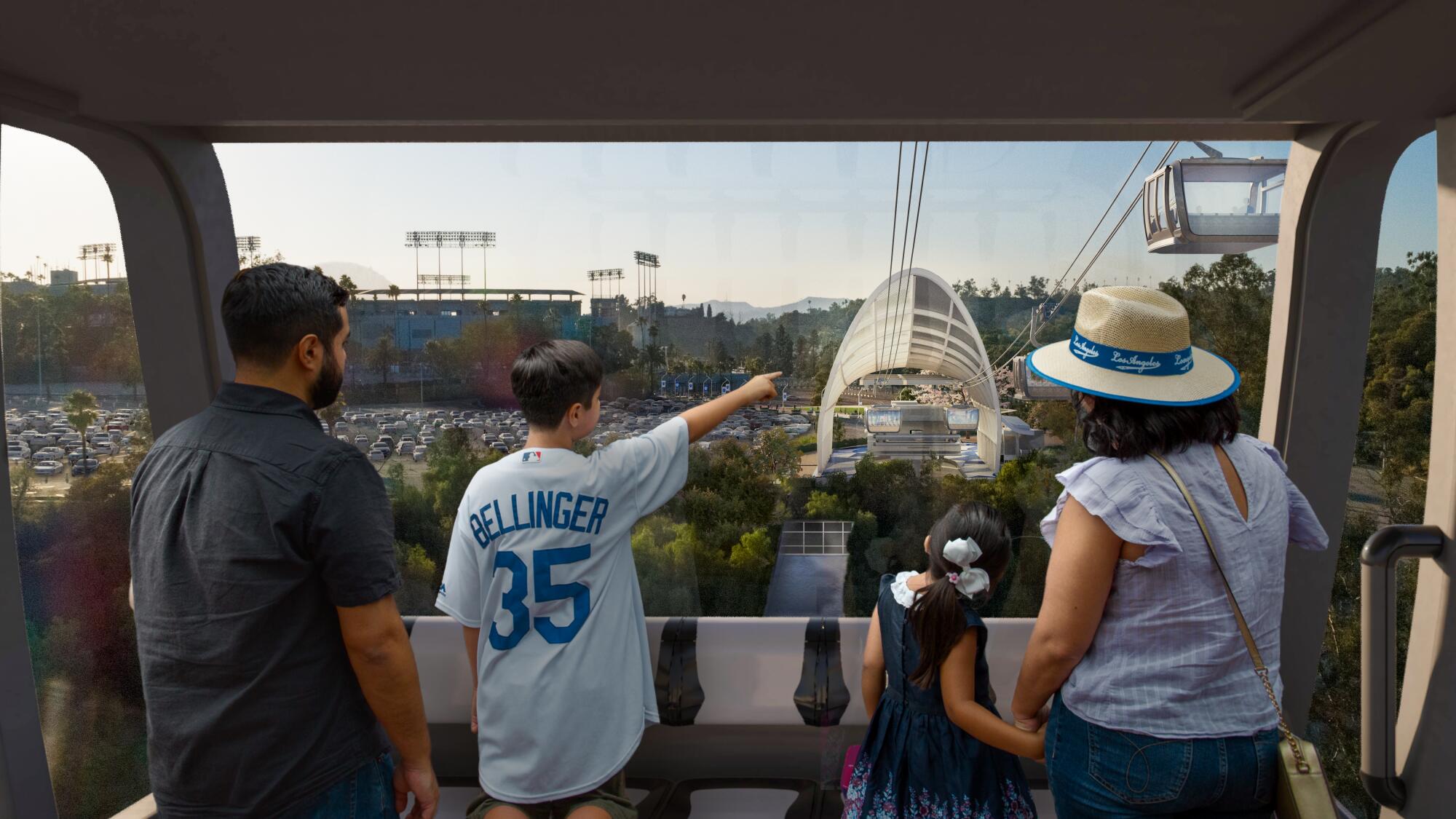 Representación artística de una góndola acercándose a la terminal del estadio de los Dodgers.