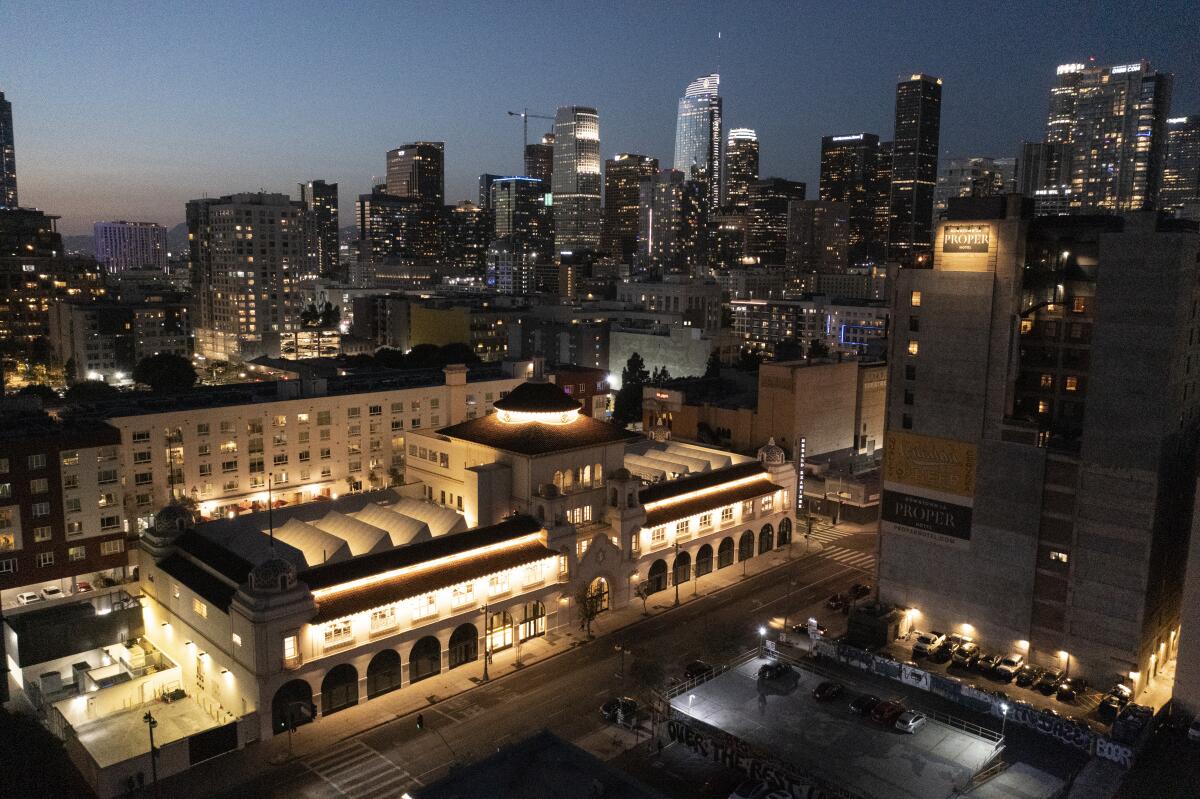 Drone photos of the Herald Examiner Building at 11th and Broadway