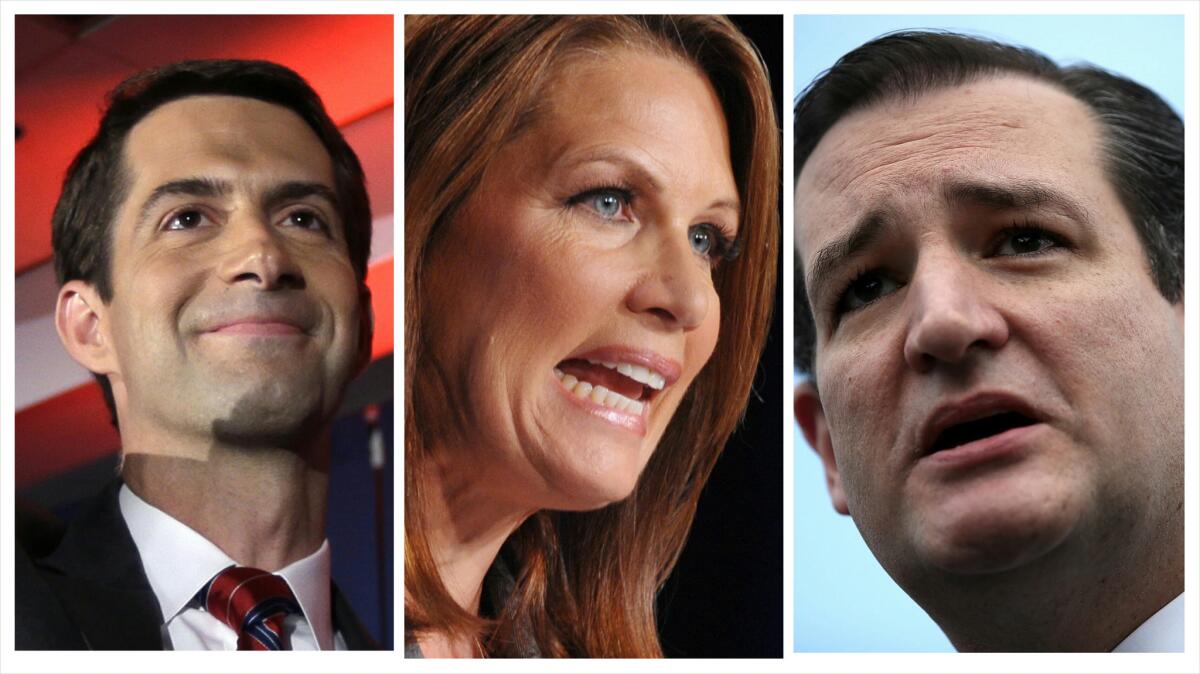 From left to right: Sen. Tom Cotton, former U.S. Congresswoman Michelle Bachman and Sen. Ted Cruz.