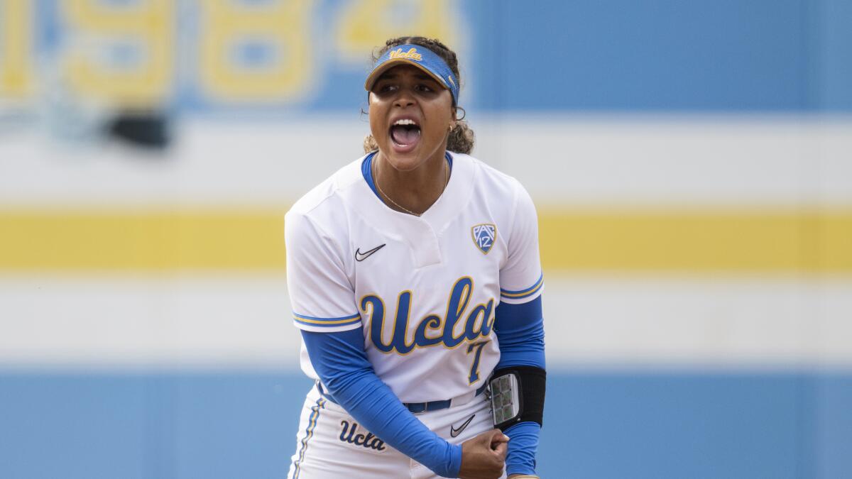 UCLA shortstop Maya Brady lets out a yell during a game against Washington.