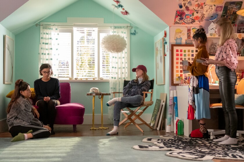 Xochitl Gomez, left, Malia Baker, Sophie Grace, Momona Tamada and Shay Rudolph in “The Baby-Sitters Club.”
