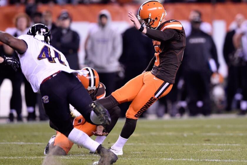 CLEVELAND, OH - NOVEMBER 30: Travis Coons #6 of the Cleveland Browns has his field goal blocked during the fourth quarter against the Baltimore Ravens FirstEnergy Stadium on November 30, 2015 in Cleveland, Ohio. Baltimore won the game 33-27. (Photo by Jason Miller/Getty Images) ORG XMIT: 582325465