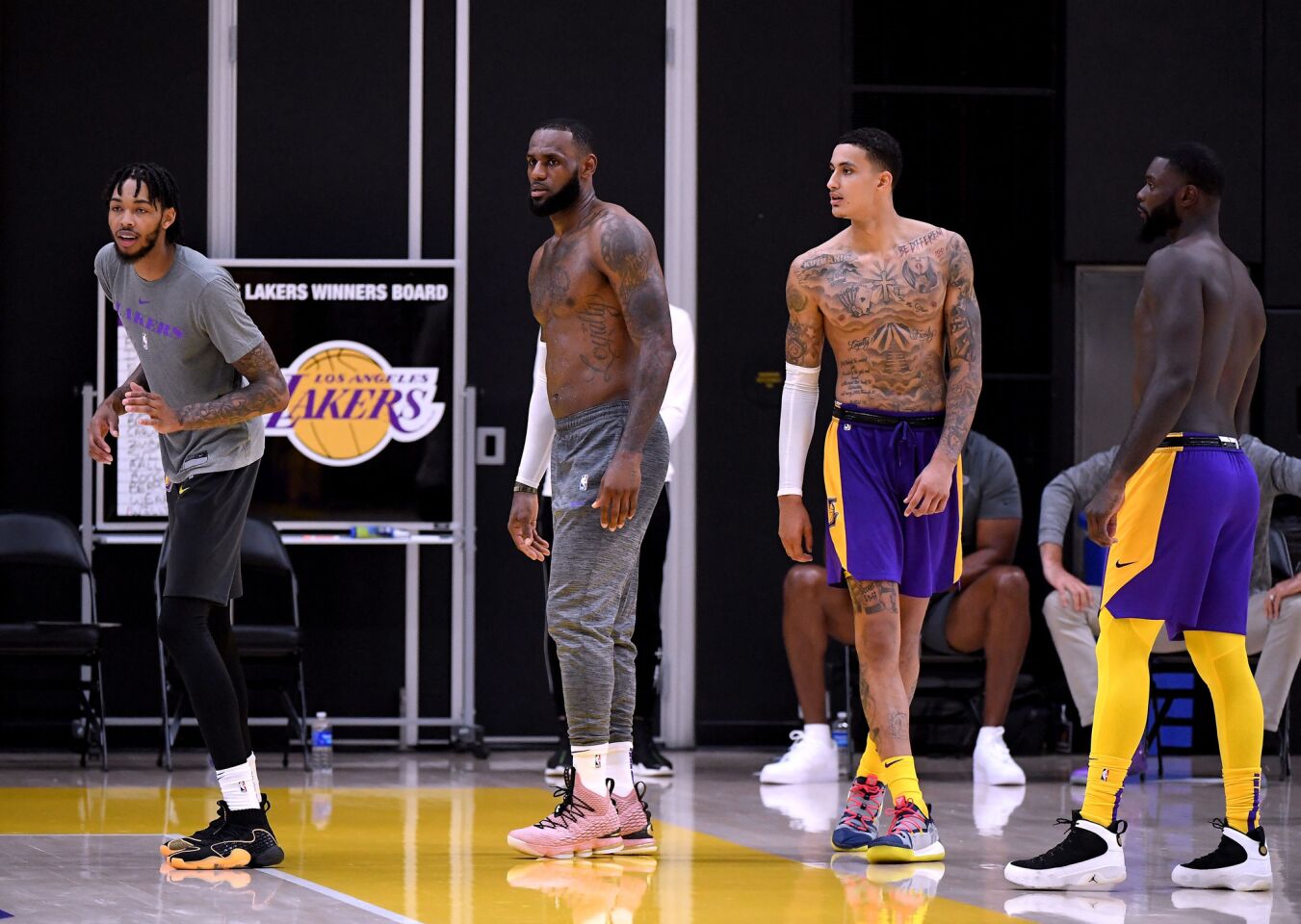 EL SEGUNDO, CA - SEPTEMBER 25: (L-R) Brandon Ingram, LeBron James, Kyle Kuzma and Lance Stephenson of the Los Angeles Lakers line up for a pass during a Los Angeles Lakers practice session at the UCLA Health Training Center on September 25, 2018 in El Segundo, California. (Photo by Harry How/Getty Images) ** OUTS - ELSENT, FPG, CM - OUTS * NM, PH, VA if sourced by CT, LA or MoD **