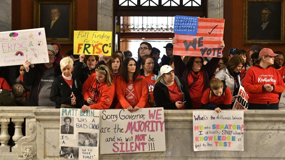 Teachers from across Kentucky fill the state Capitol to rally for increased funding and to protest last-minute changes to their state-funded pension system.