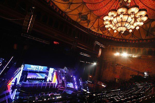 A view from the balcony level at the Shrine Auditorium in Los Angeles shows the stage for the 2012 BET Awards during a rehearsal on June 28. Since 2006, the BET Awards have been housed at the Shrine Auditorium, but they will move to the Nokia Theatre L.A. Live downtown next year and expand to a three-day event, the "BET Awards Experience."