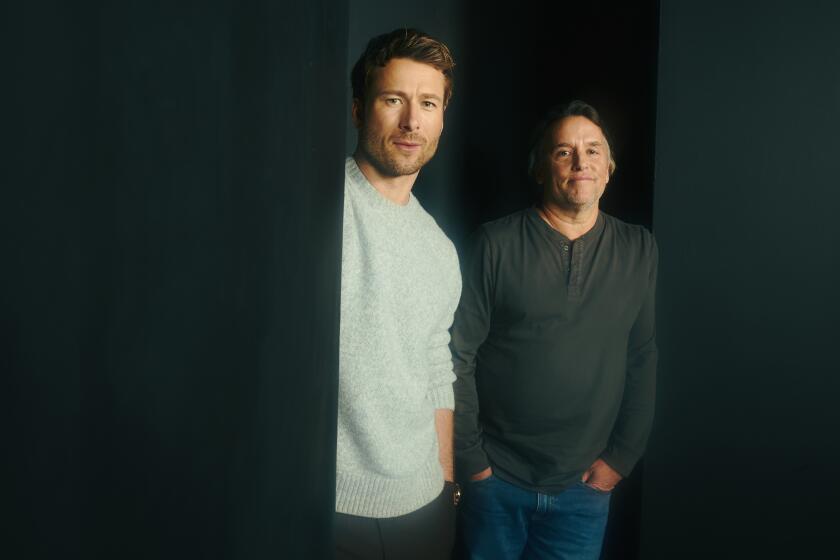 PARK CITY, UT - JAN 22: Glen Powell and Richard Linklater of "Hit Man" at the LA Times Studio at Sundance Film Festival presented by Chase Sapphire at Park City, Utah on January 22, 2024. (Mariah Tauger / Los Angeles Times)