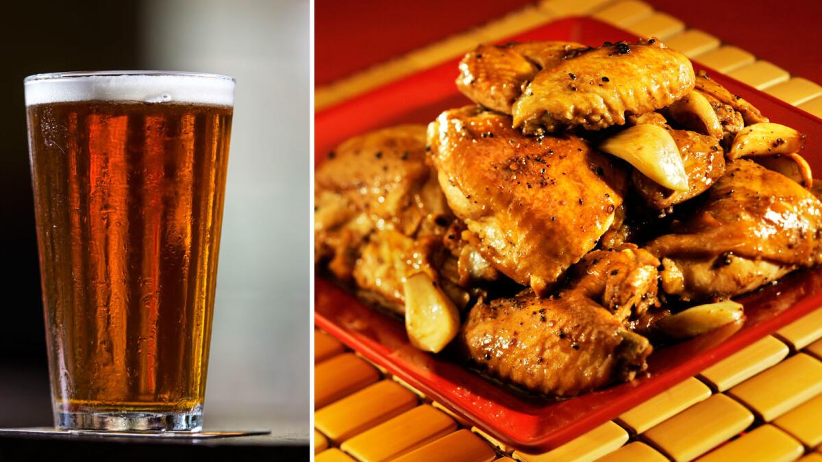 A bright IPA is a good match for pork or chicken adobo. Pictured is an IPA with a plate of chicken adobo.