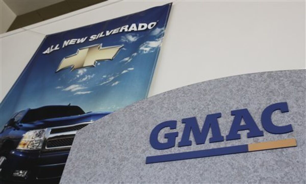 FILE - In this April 30, 2009 file photo, a GMAC sign is shown at a GM/Chrysler dealership in Oakland, Calif. GMAC Financial Services, which provides financing for General Motors Corp. dealers and customers, said Friday, May 8, 2009, it will raise the $11.5 billion in capital mandated by the Treasury Department by Nov. 9 _ possibly by giving the government a large stake in the company. (AP Photo/Paul Sakuma, file)