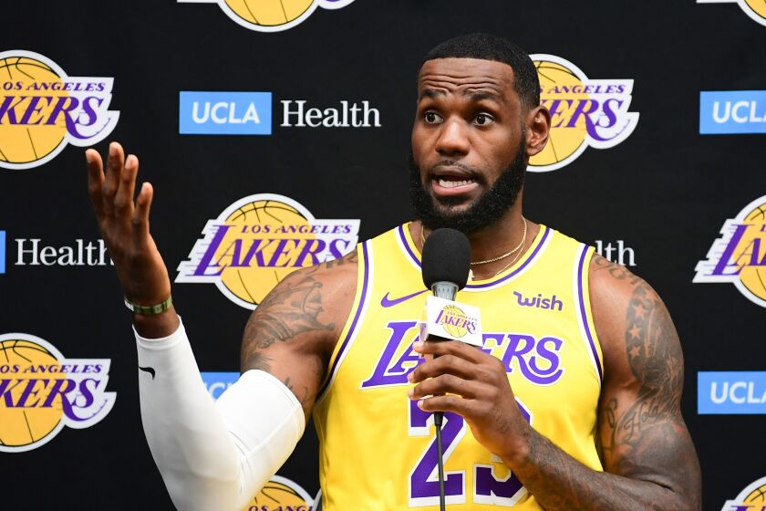 Laker forward LeBron James speaks during the Los Angeles Lakers media day in El Segundo, California on September 27, 2019. (Photo by FREDERIC J. BROWN / AFP) (Photo credit should read FREDERIC J. BROWN/AFP/Getty Images)