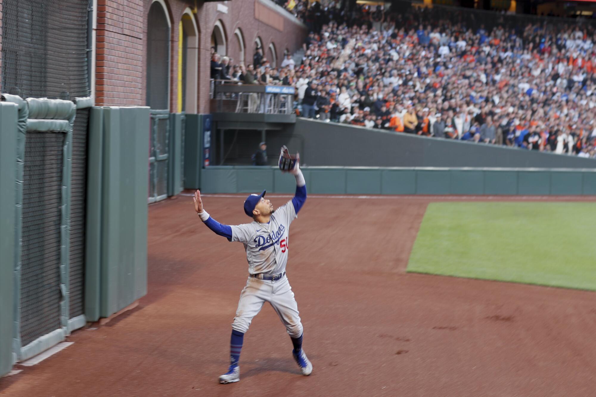 Dodgers right fielder Mookie Betts looks up to catch a fly ball hit by the San Francisco Giants. 