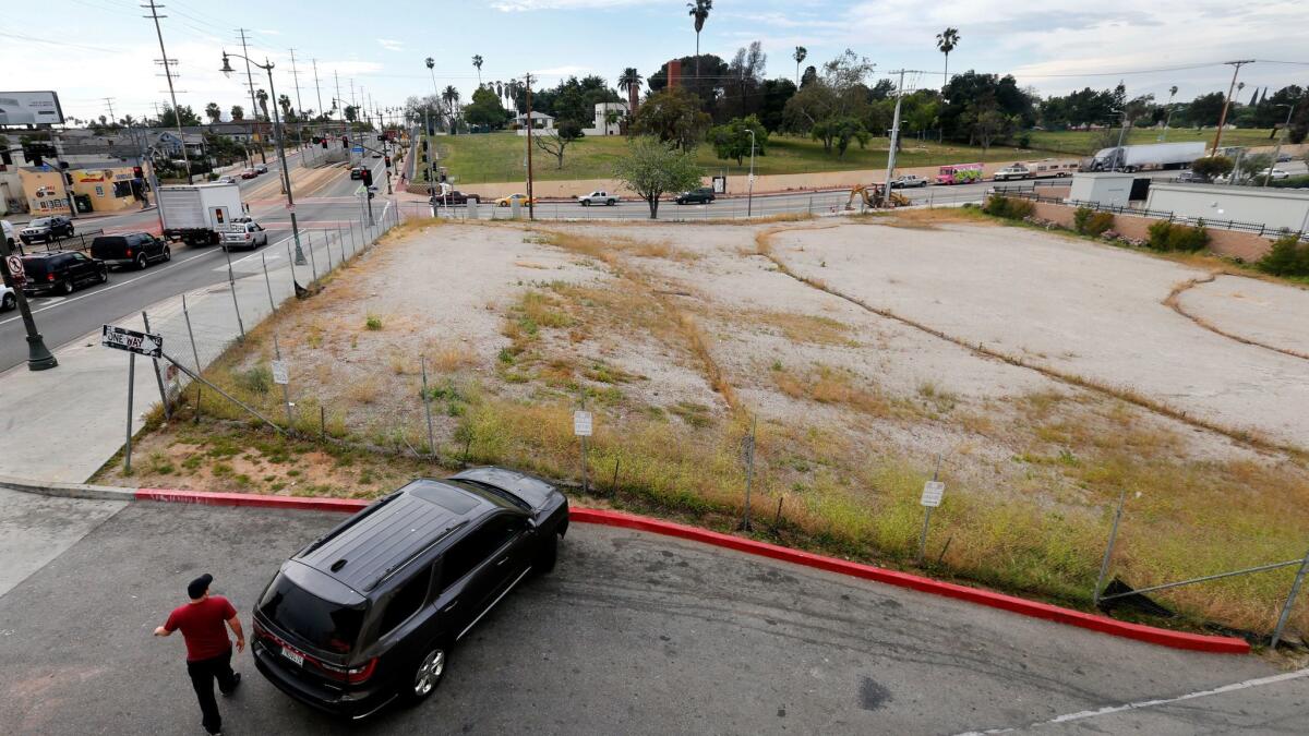 The vacant lot in Boyle Heights, on April 6, 2017, where a nonprofit developer wants to build housing for homeless people and low-income veterans and families.