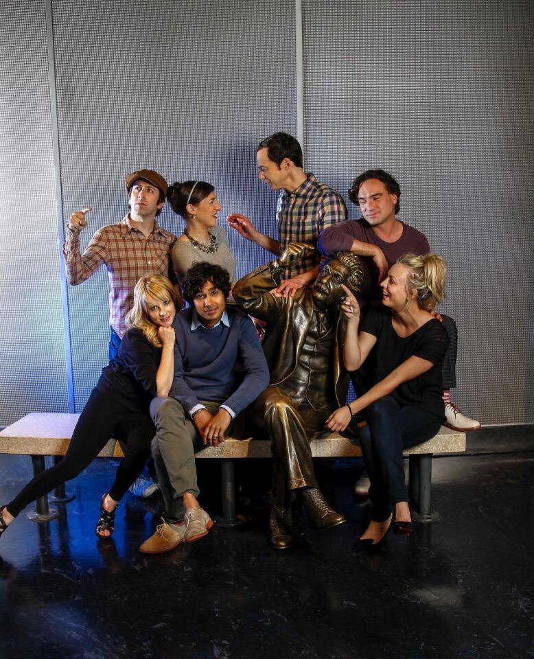The cast of CBS' "The Big Bang Theory" find a relative facsimile of Einstein as they visit Griffith Observatory. From left: Simon Helberg, Melissa Rauch, Mayim Bialik, Kunal Nayyar, Jim Parsons, Johnny Galecki and Kaley Cuoco.