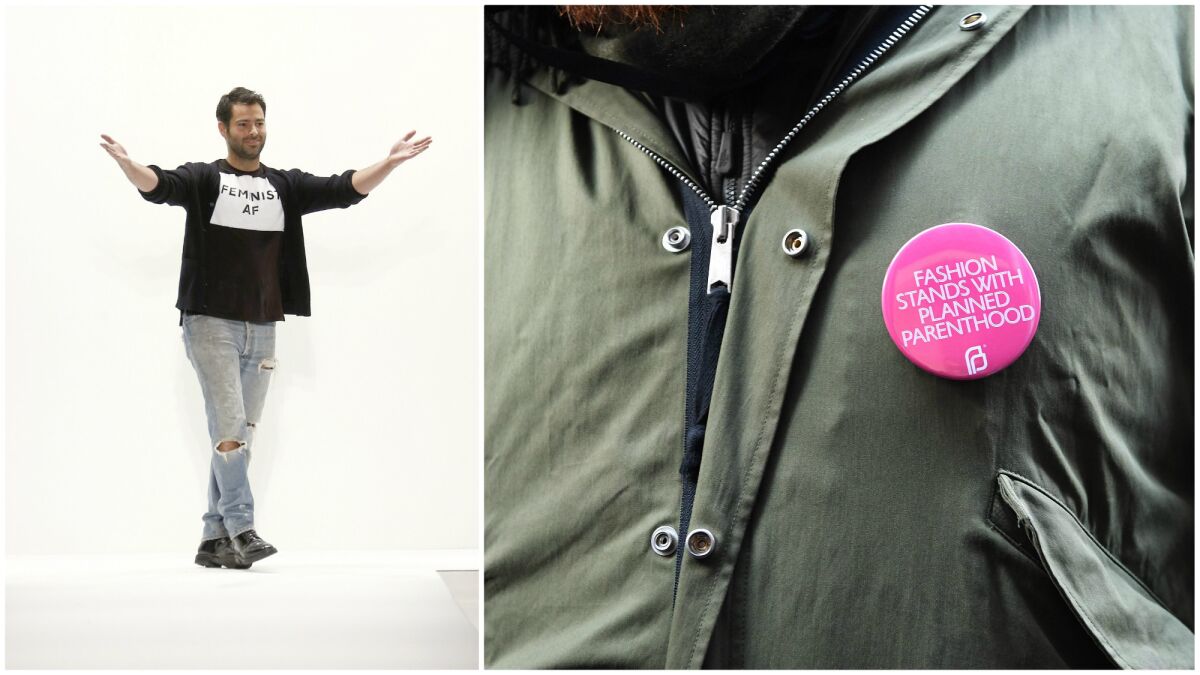 Designer Jonathan Simkhai takes a bow at the end of his fall/winter 2017 runway show, left, and a fashion week attendee wearing a "Fashion Stands with Planned Parenthood" button.