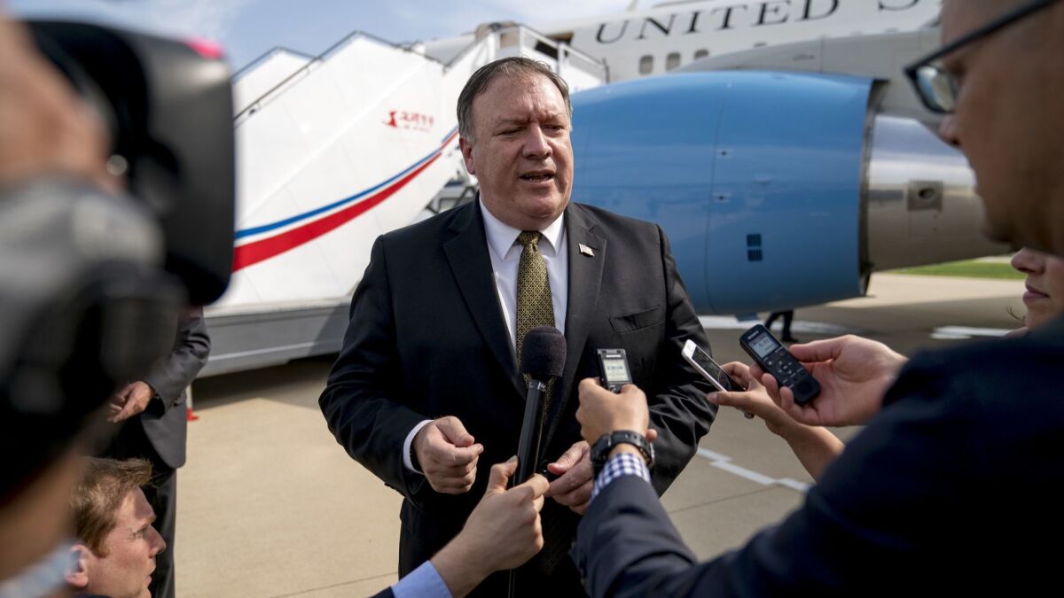 Secretary of State Michael R. Pompeo speaks to the media on July 7 after meetings with Kim Yong Chol, a North Korean senior ruling party official and former intelligence chief, in Pyongyang.
