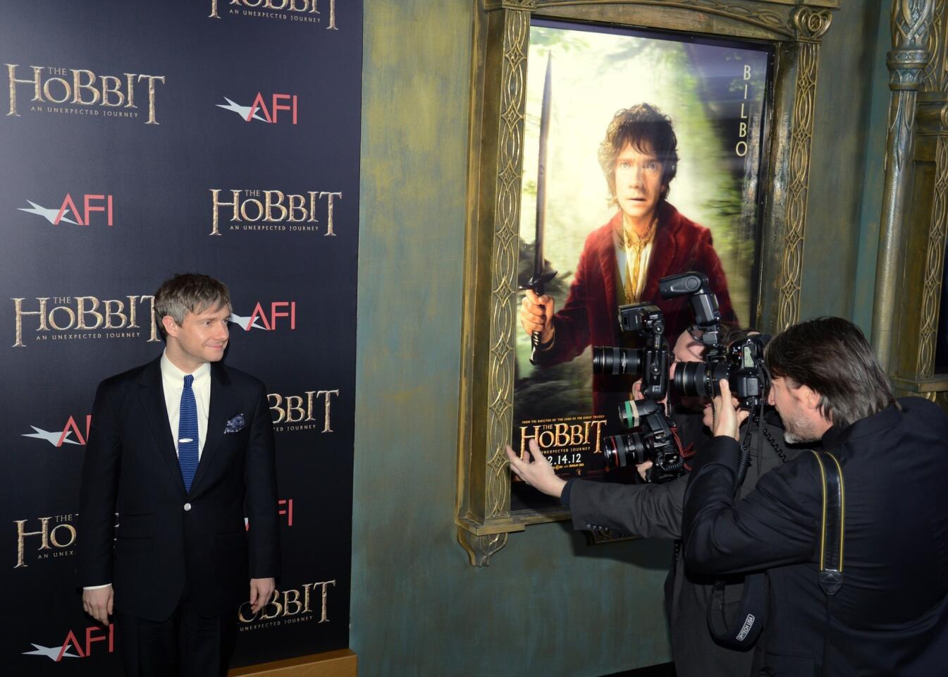 Bilbo Baggins actor Martin Freeman poses for photographers at the New York premiere of "The Hobbit: An Unexpected Journey."