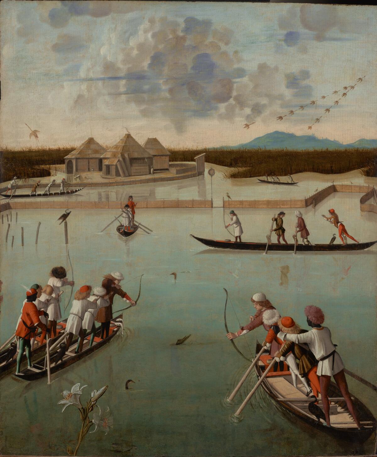Vittore Carpaccio, “Hunting on the Lagoon (recto); Letter Rack (verso),” about 1490-95, oil on panel.