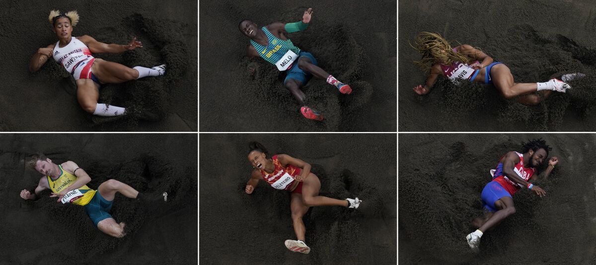 Jumpers, from top left, Jazmin Sawyers, of Britain, Alexsandro Melo, of Brazil, Tara Davis, of United States, Henry Frayne, of Australia, Ana Peleteiro, of Spain, and Maykel Masso, of Cuba, compete at the 2020 Summer Olympics in Tokyo. (AP Photos/Morry Gash)