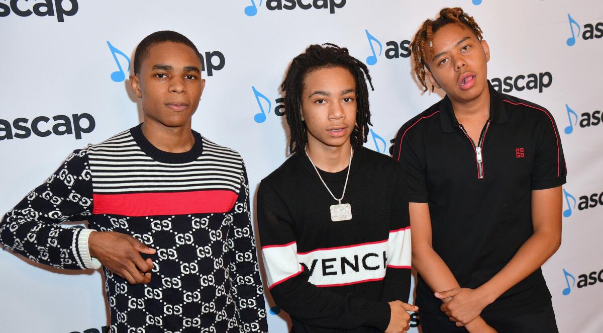 YBN crew leaders, from left, Almighty Jay, YBN Nahmir and YBN Cordae at the Rhythm and Soul Music Awards on June 21, 2018, in Beverly Hills.