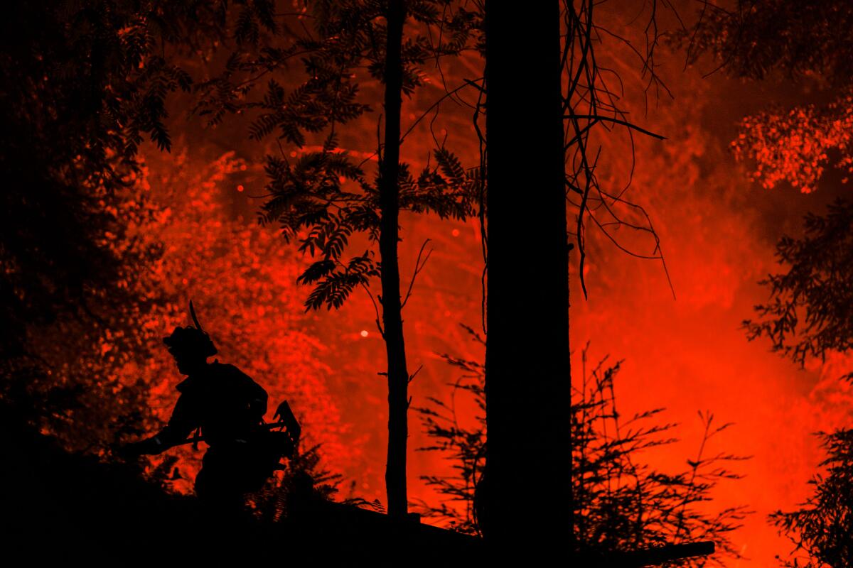 A firefighter silhouetted against glowing smoke in the woods