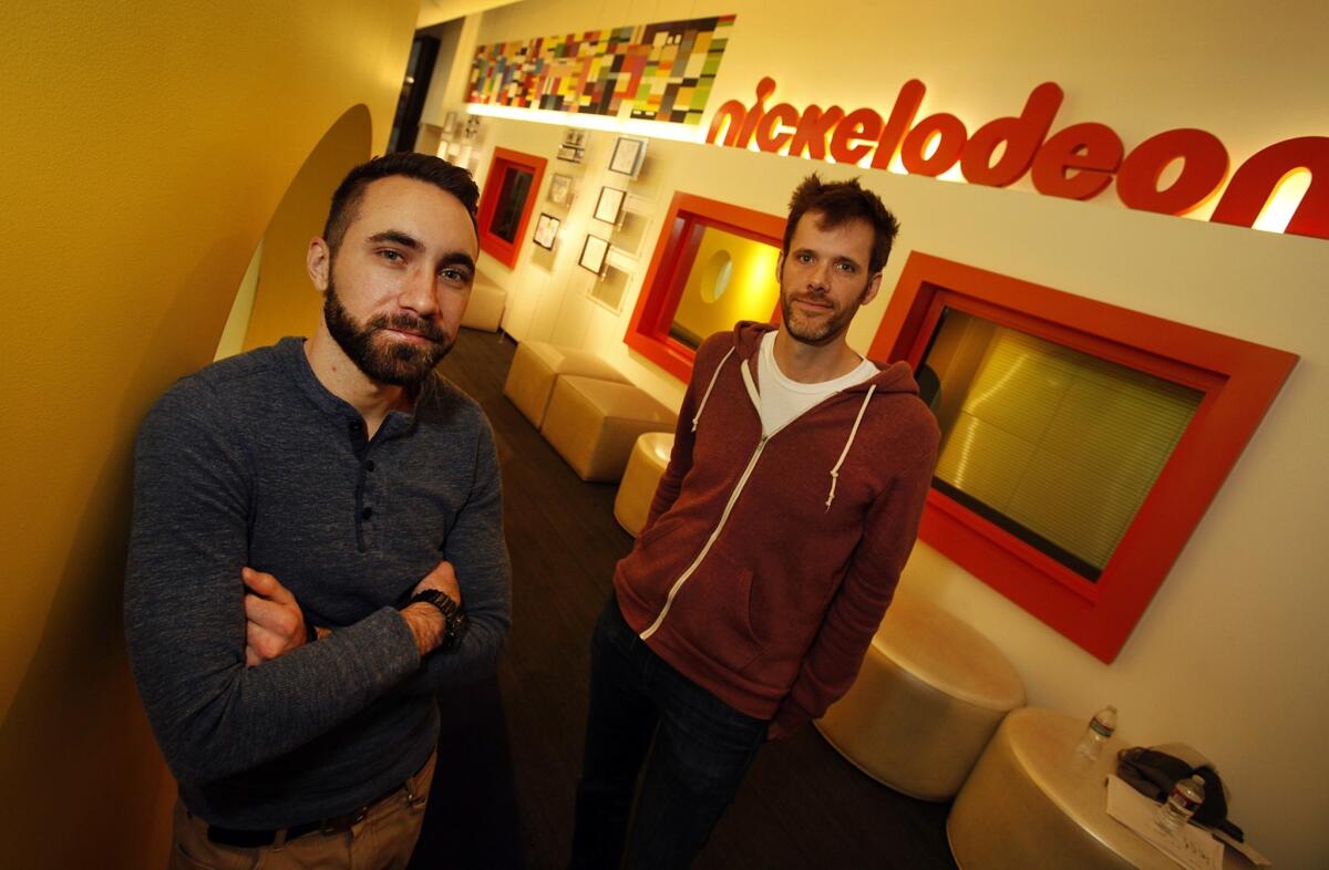 Gary "Doodles" Di Raffaele, left and Steve Borst, right, created and work on the new animated comedy "Breadwinners" at the Nickelodeon Animation Studios in Burbank.