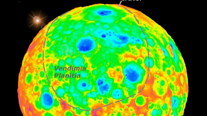 This view shows 173-mile-wide Kerwan, Ceres' largest well-preserved impact crater. Colors indicate elevation (blue: low; red: high). Kerwan degrades as it moves into a 500-mile-wide depression that could have once been a giant impact basin.
