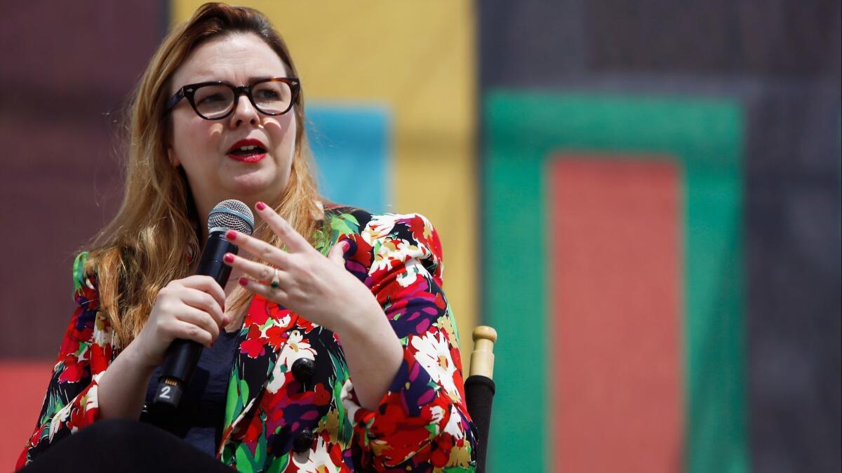 Amber Tamblyn, author of "Era of Ignition: Coming of Age in a Time of Rage and Revolution," speaks during the annual Los Angeles Times Festival of Books.