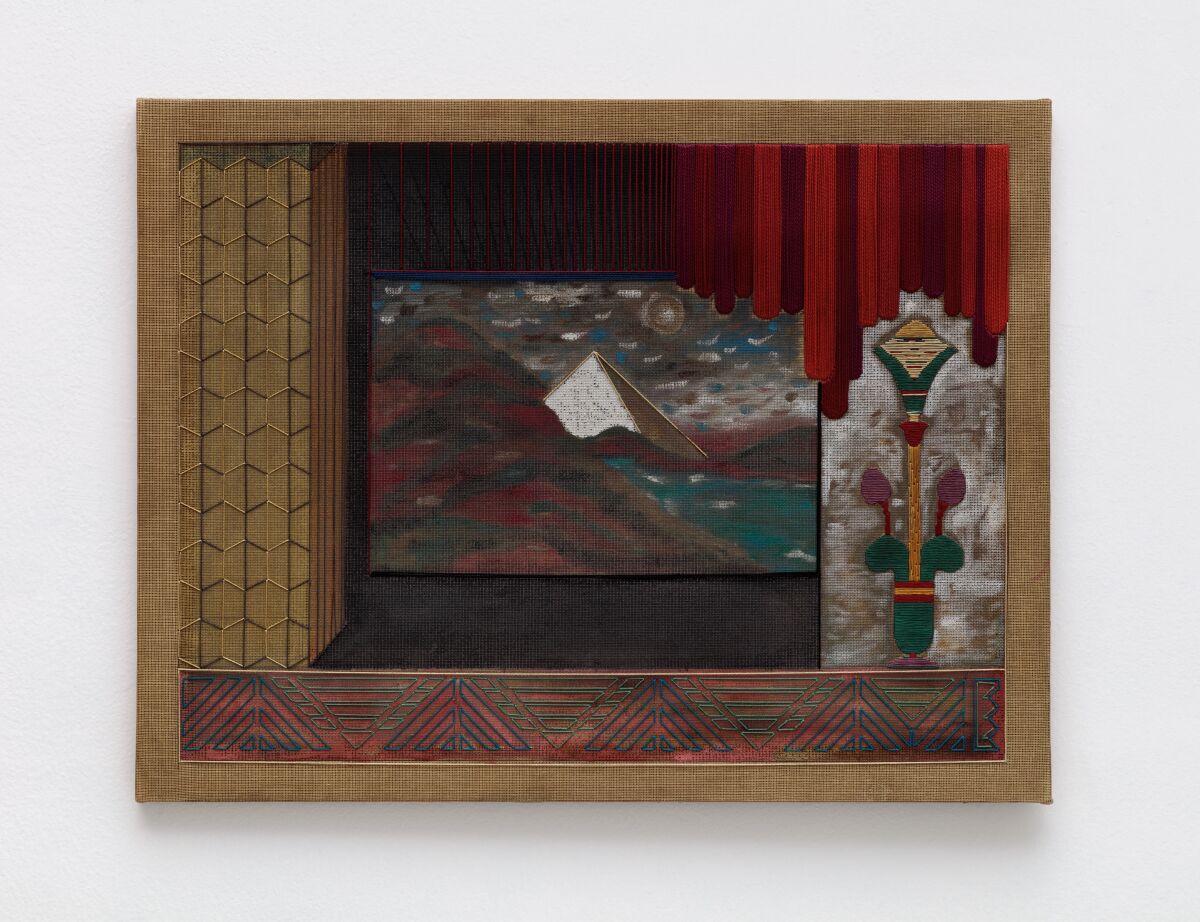 "Pyramid I” by Nicolas A. Moufarrege, 1980. Embroidery thread and paint on stretched fabric, 19-3/4 inches by 25-5/8 inches.