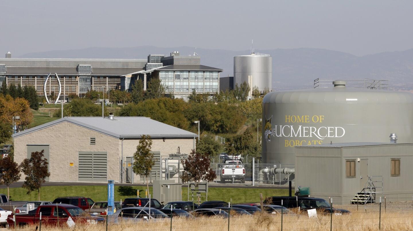 The campus of the UC Merced viewed from farmland surrounding it.