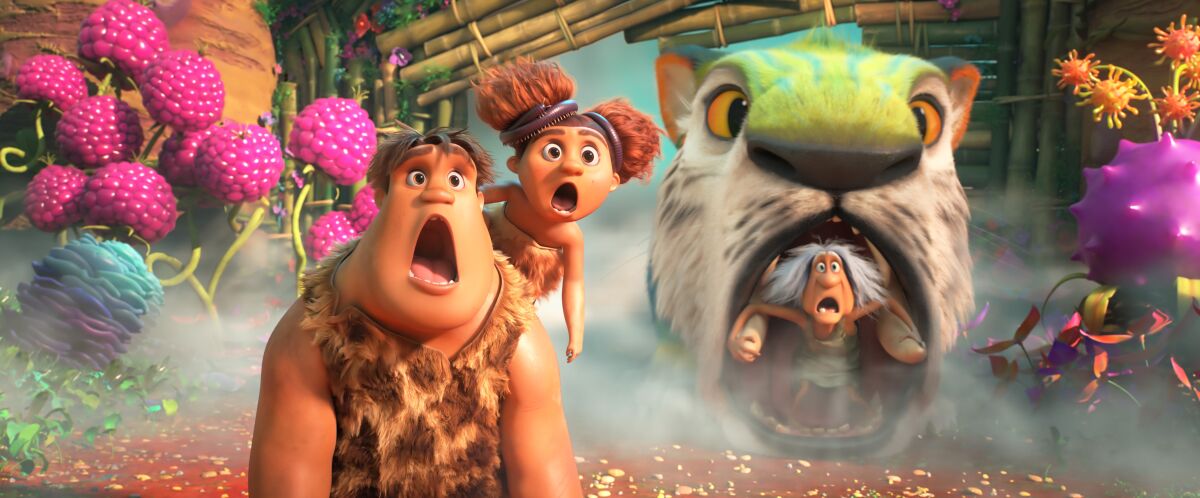 Members of the Crood family are seen in  "The Croods: A New Age." 