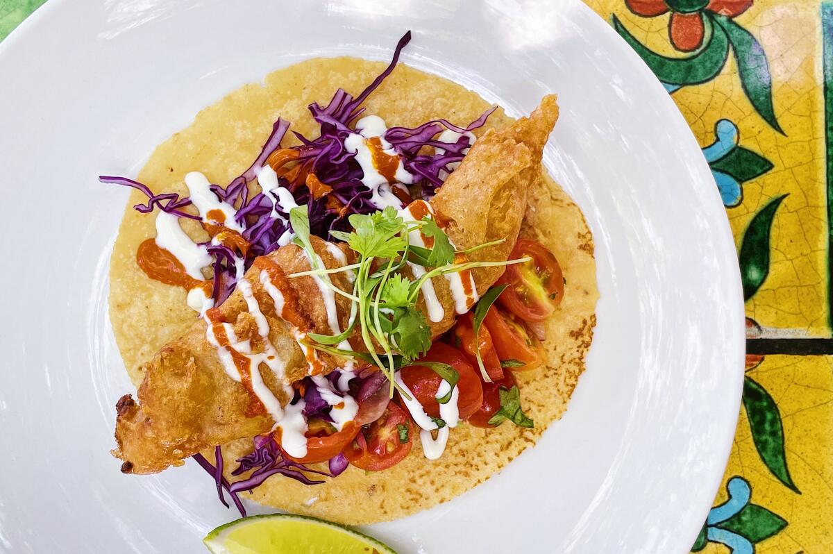 An overhead photo of a Baja-style fish taco on a tiled table.