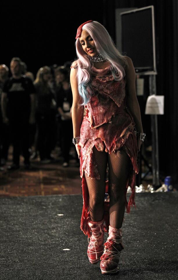 Lady Gaga wore a dress made of flank steak complete with a meat headpiece and shoes laced with butcher's twine. PETA condemned the dress that was later preserved by taxidermists and put on display in the Rock and Roll Hall of Fame.