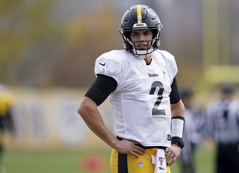 FILE - Pittsburgh Steelers quarterback Mason Rudolph waits for a drill to begin during NFL football practice Wednesday, Nov. 17, 2021, in Pittsburgh. Rudolph will be given a chance to be the Pittsburgh Steelers starting quarterback in 2022 with veteran Ben Roethlisberger expected to retire after an 18-year career. (Matt Freed/Pittsburgh Post-Gazette via AP, File)