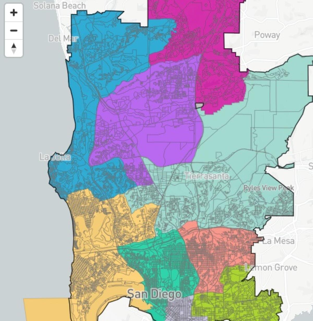 The first draft of a preliminary map shows San Diego's City Council District 1, which includes La Jolla, in blue. 