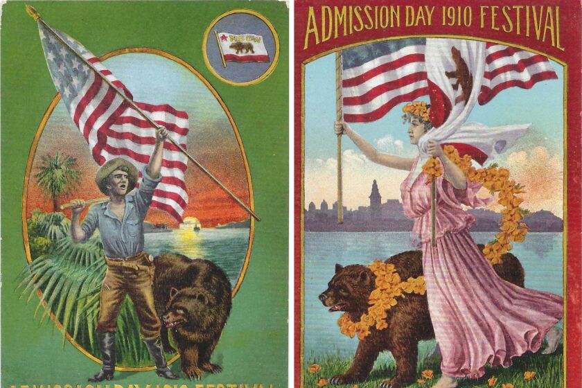 Two postcards: Man, next to bear, raises U.S. flag. Woman holds U.S. and California flags, leads a bear with poppy leash.