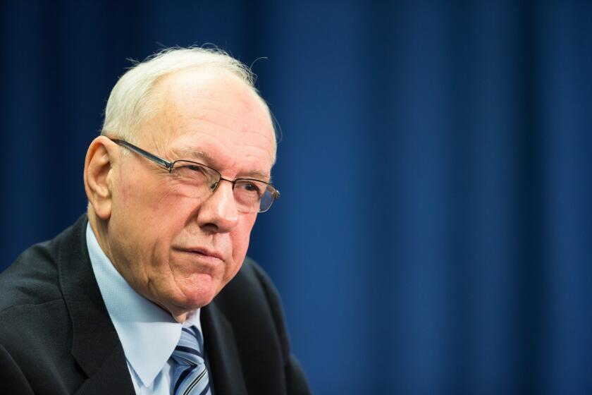 Syracuse Coach Jim Boeheim speaks with the media Thursday morning at the Carrier Dome in New York.