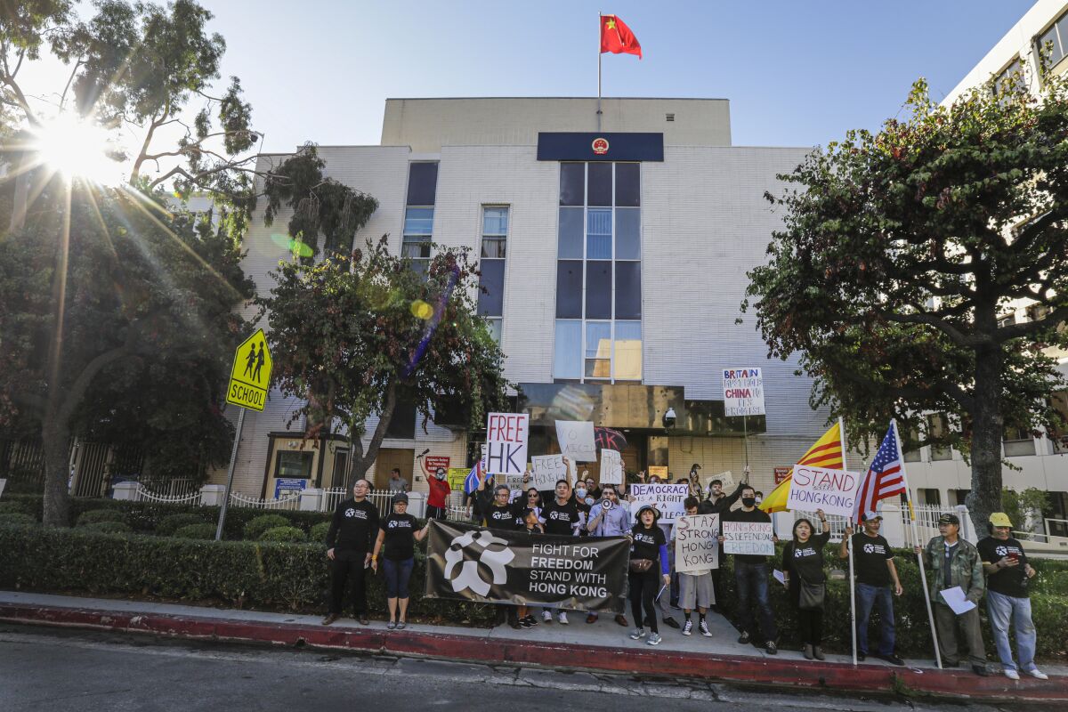 Protesters rally at the Chinese Consulate in Los Angeles in support of Hong Kong demonstrators 