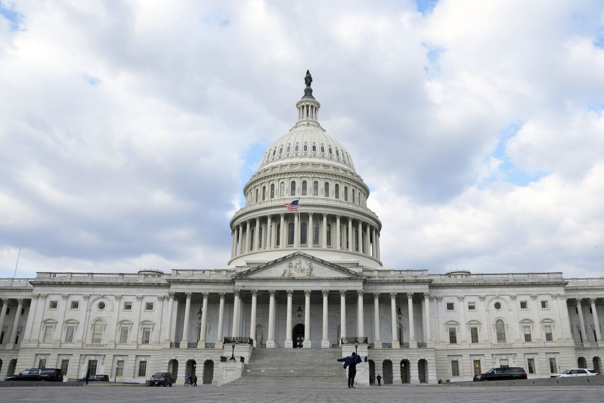 The U.S. Capitol is seen in Washington, Monday, Feb. 6, 2023. President Joe Biden on Tuesday night will stand before a joint session of Congress for the first time since voters in the midtem elections handed control of the House to Republicans. (AP Photo/Mariam Zuhaib)