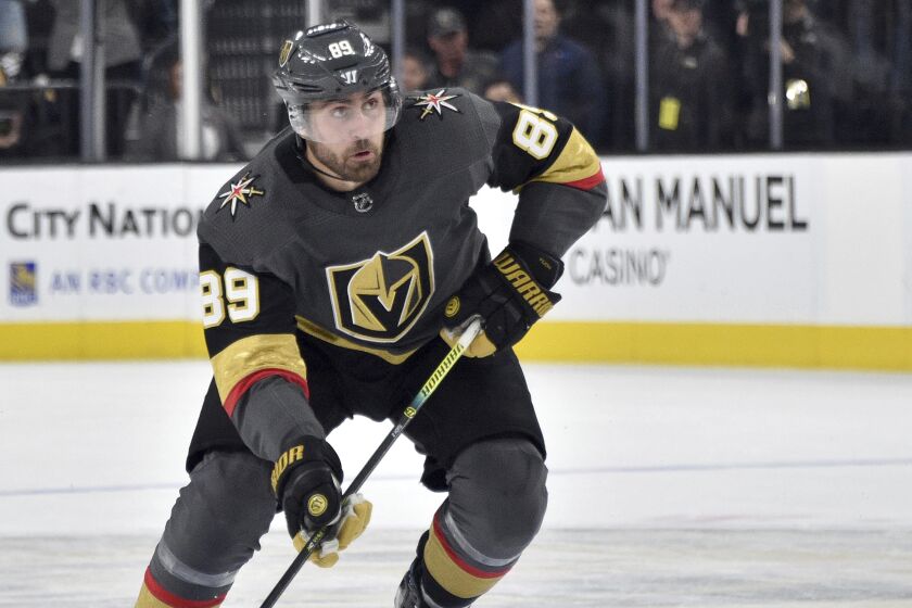 Vegas Golden Knights wing Alex Tuch looks on during a game Feb. 8, 2020.